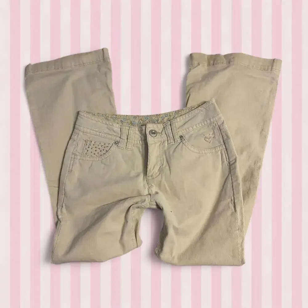 Justice Y2K Low Rise Flare Corduroy Pants with Rhinestone Heart Pockets